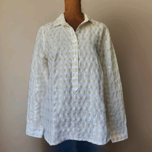 J. Crew Top Size 6 Metallic Long Sleeve Half Button Down Women's‎ Gold Plaid - Picture 1 of 8